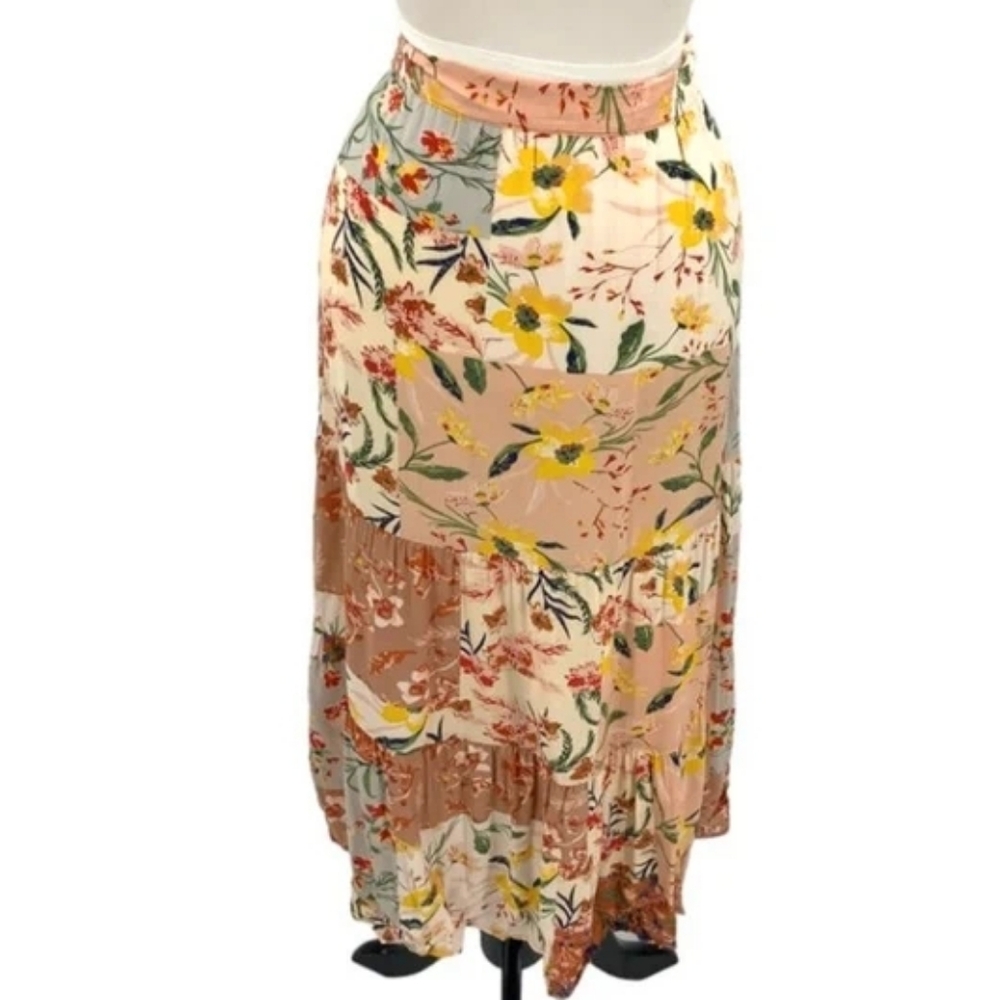 Tahari Floral Patchwork Midi Skirt - Yellow, Pink, Green